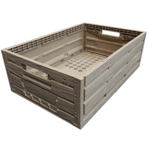 Plastic collapsible crate with wood effect