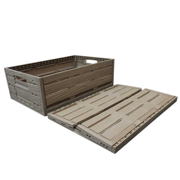 Plastic collapsible crate with wood effect